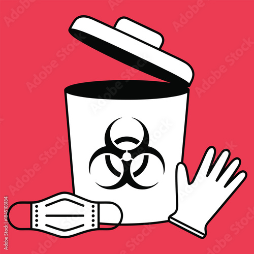Safe disposal of used contaminated personal protective equipment items including a face mask and medical glove into a biohazard waste bin vector illustration