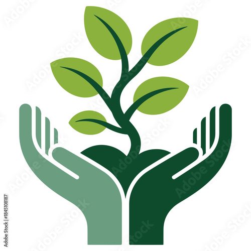 Stylized green hands gently nurturing a vibrant young plant growing from rich soil symbolizing environmental care and growth on a white background