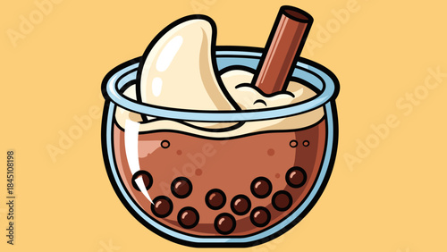 Cartoon illustration of a bubble tea drink with tapioca pearls and whipped cream.