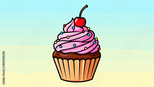 A colorful cartoon cupcake with pink frosting, sprinkles, and a cherry on top, set against a gradient background.