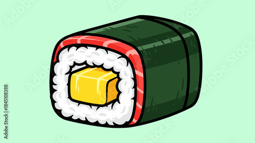 Illustration of a sushi roll with seaweed, rice, salmon, and mango.