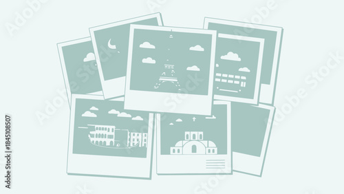 Overlapping polaroid photos of famous landmarks with cloudy skies