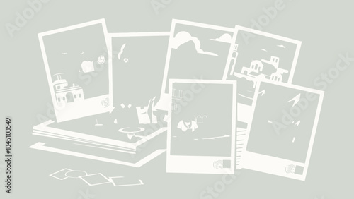A stack of polaroid photos with scenic views scattered on a sage green background with white outlines and grey tones