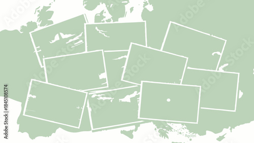 A collection of blank photo frames on a muted green map background, suggesting travel and memories