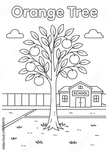 coloring book Orange tree in schoolyard near school building