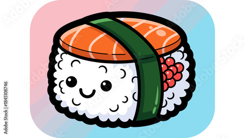 Cute sushi cartoon character with salmon, seaweed, rice, and roe on a colorful background.