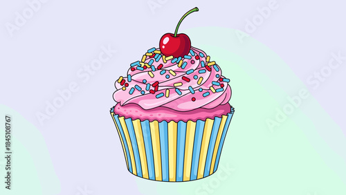 A colorful cupcake with pink frosting, sprinkles, and a cherry on top, in a striped wrapper.