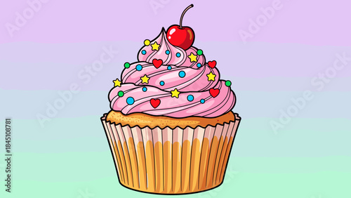 A colorful cupcake with pink frosting, sprinkles, and a cherry on top, set against a pastel background.
