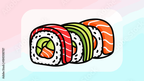Illustration of three sushi rolls with salmon and avocado.