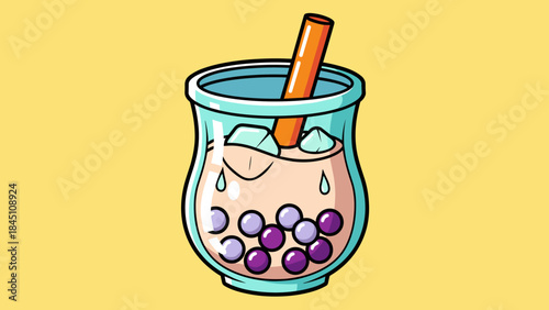 A cartoon illustration of a glass of bubble tea with a straw and tapioca pearls.