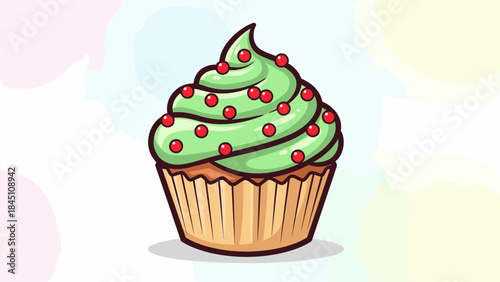 Illustration of a cupcake with green frosting and red sprinkles on a colorful background.
