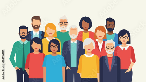 Diverse group of people standing together in a friendly manner.