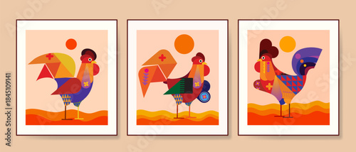 Set of abstract geometric, shapes, decorative chickens in bauhaus style vector illustration. Artistic chickens design for wall art, decoration, print and poster.
