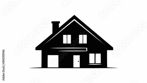 Simple Black Silhouette of a Two-Story House with Chimney.