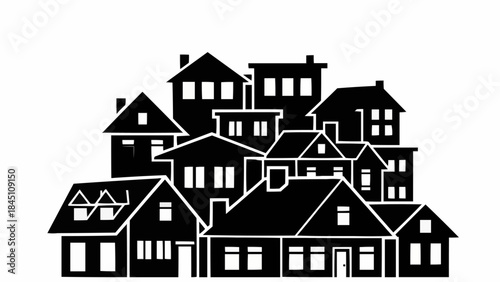 Collection of Diverse Houses Silhouetted Against White Background.