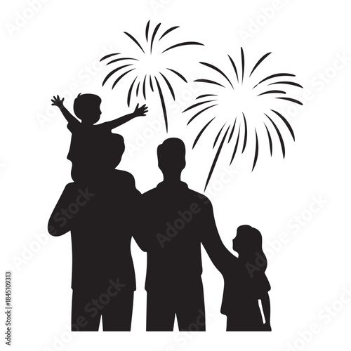 Family watching fireworks Silhouette on independence day celebration together at night