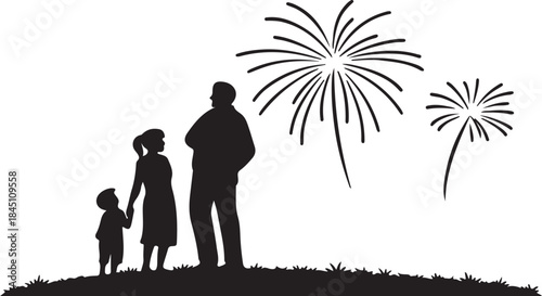 Family watching fireworks Silhouette on independence day celebration together at night