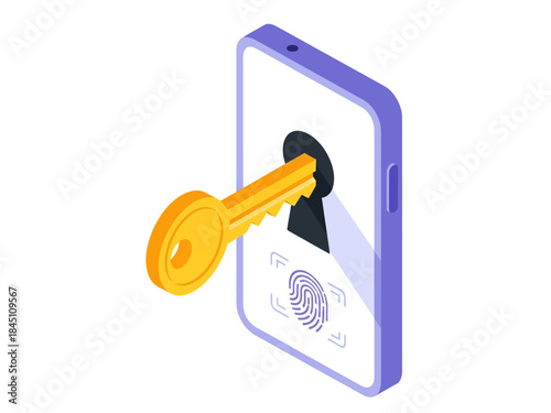 An isometric illustration displays a purple smartphone with a golden key inserting into a keyhole on the screen above a fingerprint icon, symbolizing secure digital access and authentication