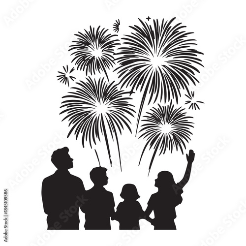 Family watching fireworks Silhouette on independence day celebration together at night