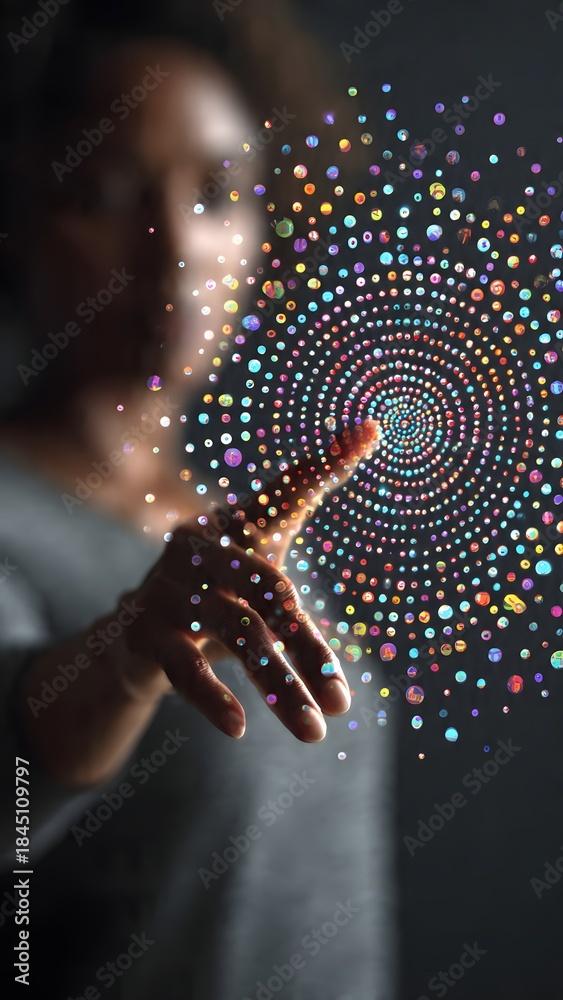 Fototapeta premium HR Data Specialist Interacting with Floating Holographic Diversity Equity Wheel Formed from Balanced Multi Color Nodes – Workforce Inclusion Analytics Vertical Image