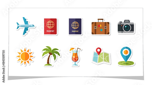 Travel Essentials: Collection of stickers showcasing various travel elements, evoking the excitement of exploration and journey.