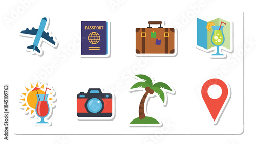 Vacation essentials: essential icons of travel, adventure and trip essentials on a delightful journey.
