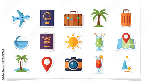Travel Essentials: Collection of vibrant travel icons showcasing a globe-trotter's essentials.