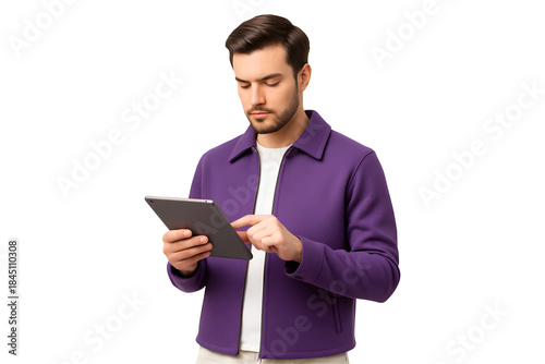 Portrait of a young man holding a tablet, isolated on a white background