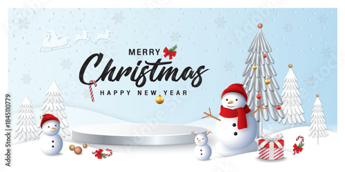 Merry christmas and happy new year present banner design on white and blue background 