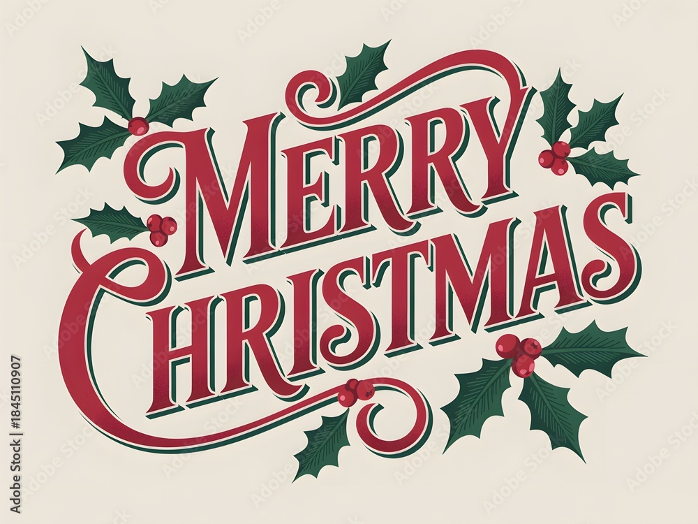 Obraz premium A festive merry christmas vintage typography design with traditional holly leaves and red berries