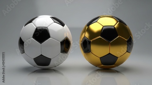 Two soccer balls  one traditional and one golden