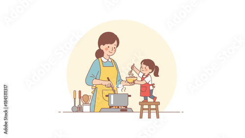 A mother and her young daughter happily baking together in a kitchen with colorful utensils and a warm atmosphere on Mother's Day.
