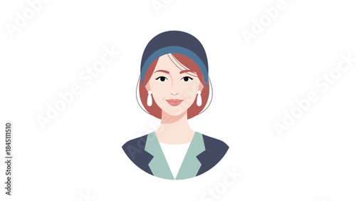A cheerful cartoon woman with short red hair wearing a blue hat and jacket on a white background, celebrating Happy Mother's Day.