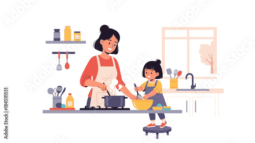 A mother and her child cooking together in a kitchen on Mother's Day, with the woman teaching the kid how to mix ingredients in a bowl, surrounded by utensils and appliances with a warm