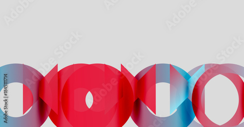 Abstract design features overlapping circles. Red, blue hues dominate composition. Minimalist style, clean lines present modern aesthetic.