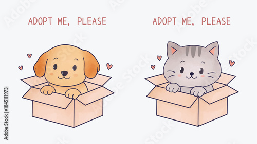 Cute pet dog and cat inside a box wanting to be adopted poster illustration. Vector isolated doodle of stray dog and cat for poster, design, book