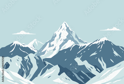 Vector illustration of a high snow covered mountain peak with sharp ridges and blue sky with clouds in the background	
