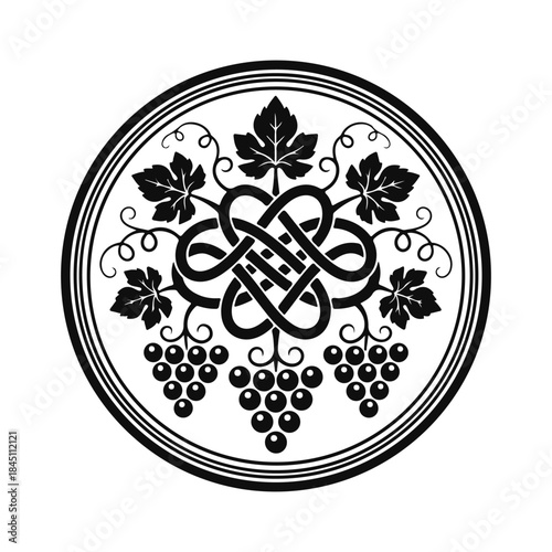 Decorative round emblem with grape vines, leaves and clusters in black-and-white ornamental style — grape emblem, vine ornament, wine symbol, vintage grapes, grape logo