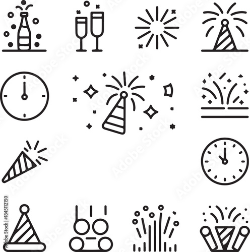 Set of black line icons related to new year celebration on light grey background