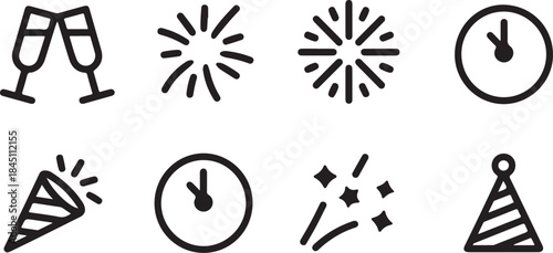Set of black line icons related to new year celebration on light grey background