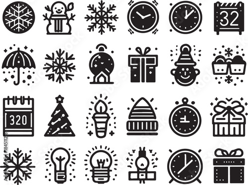 Set of black line icons related to new year celebration on light grey background