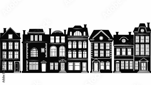 Row of Black and White Victorian Style Townhouses.