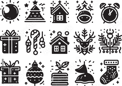 Set of black line icons related to new year celebration on light grey background