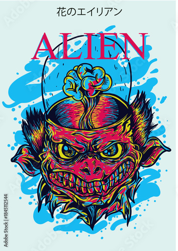 Alien Demon Face with Red Skin and Yellow Eyes on Blue Background