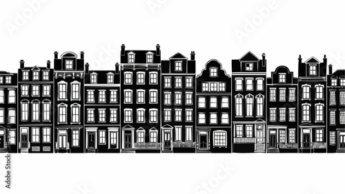 Seamless Pattern of Historic European Townhouses in Black and White.