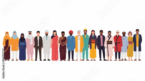 Diverse group of people in traditional clothing standing together.
