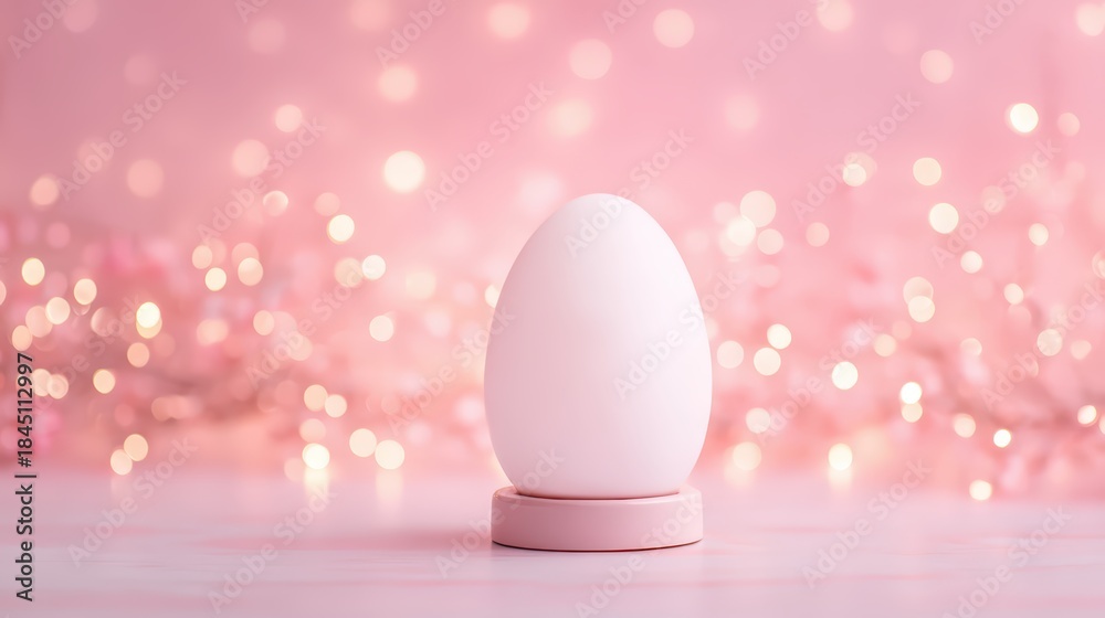 Fototapeta premium A soft-focus image of a white egg on a pedestal, surrounded by a dreamy pink background with blurred lights, evoking a serene and whimsical atmosphere.
