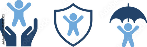 Child Protection Icons Hands Shield Umbrella baby safety