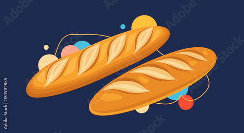Two golden baguettes lay diagonally across a deep blue background with decorative colorful circles and curved lines that add a playful modern bakery mood.