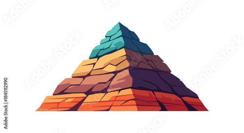 Colorful layered pyramid built from geometric brick like blocks rises as a bold stepped sculpture against a stark white background showcasing a vibrant spectrum